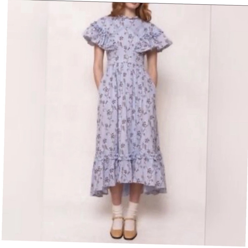 Ivy City Co Shae Midi Dress Light Blue Floral Ruffle Flutter Sleeve Size 10